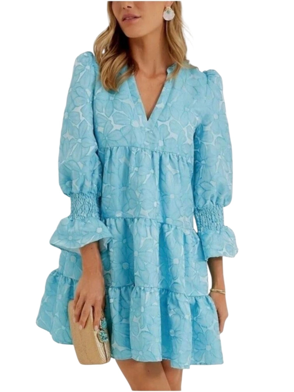 Pomander Place Blue Floral Jacquard Tiered Mini Dress L Tuckernuck Holiday Party